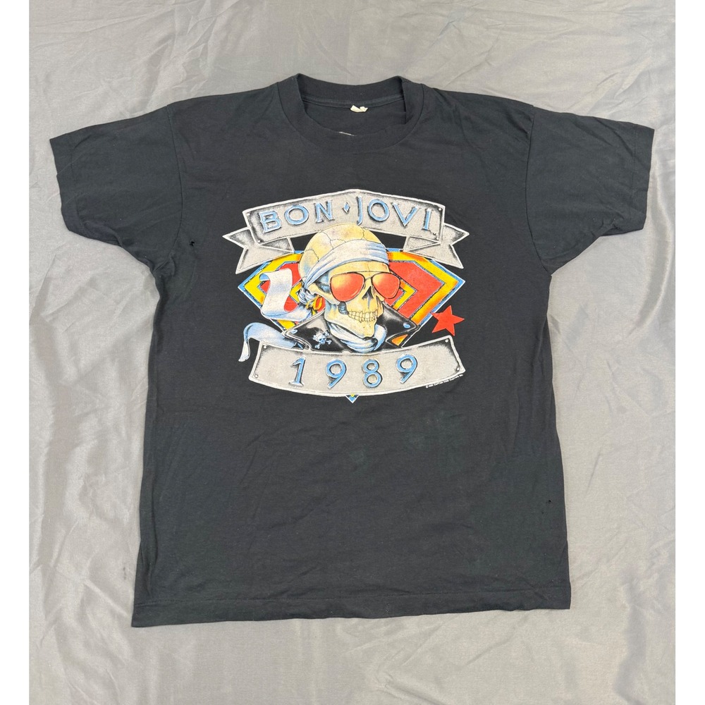 Vintage 1989 Bon Jovi Tour Shirt Screen Stars XL Black Skull Graphic Rock Tee
